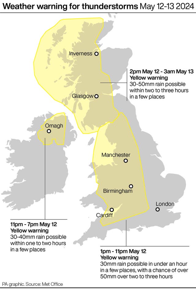 Weather warning for thunderstorms May 12-13 2024