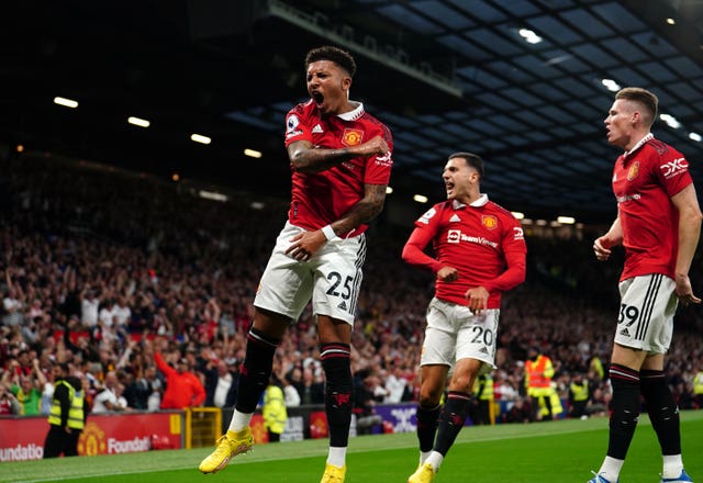 Jadon Sancho celebrates scoring Manchester United's opener