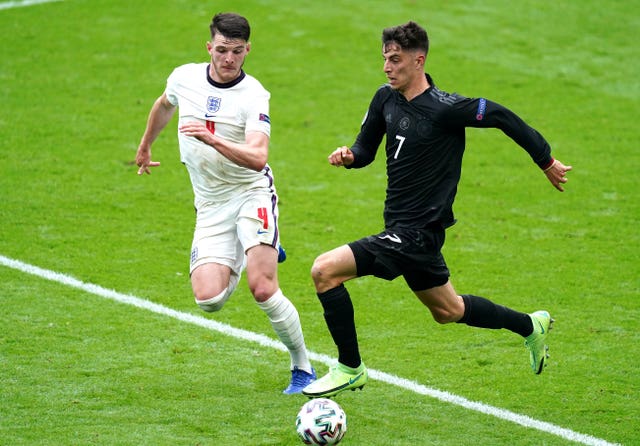 Declan Rice (left) helped England to victory over Germany in the last-16.