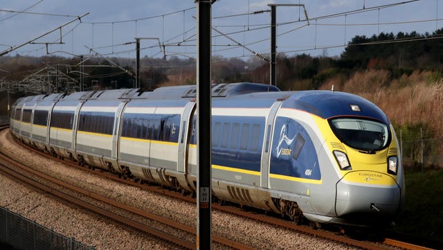 A Eurostar e320 high-speed train heads towards France through Ashford in Kent
