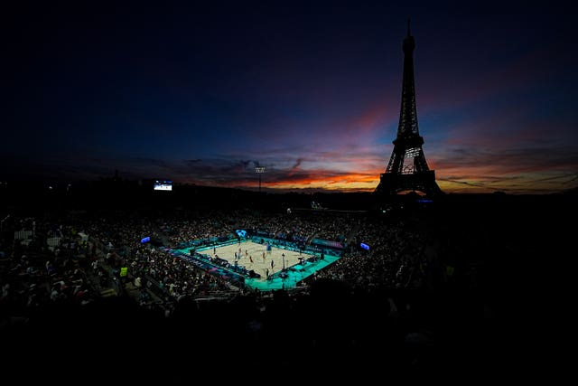 The sun setting over the Eiffel Tower stadium