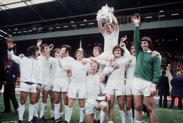 Lorimer celebrates victory over Arsenal in the 1972 FA Cup final with his team-mates