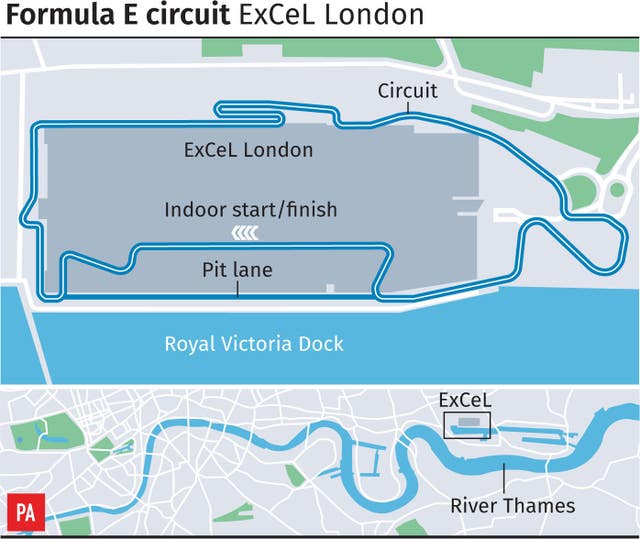Formula E circuit in London for 2020, with the starting grid and finishing straight located inside the ExCel Centre