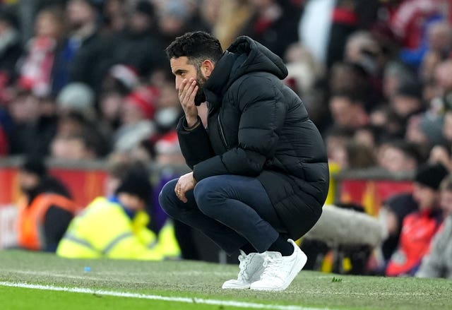 Manchester United manager Ruben Amorim looks dejected on the touchline