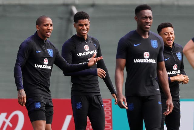 Ashley Young, left, and Marcus Rashford during the training session at the Spartak Zelenogorsk