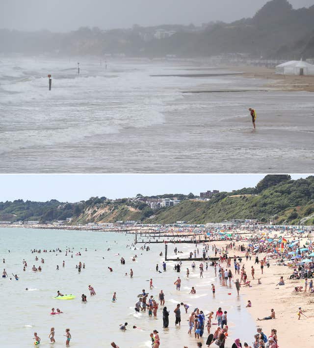 A combination of two photos taken on Sunday July 29 (top) and Wednesday July 25 (below), showing the changing weather conditions on Bournemouth beach in Dorset. (Image: PA)