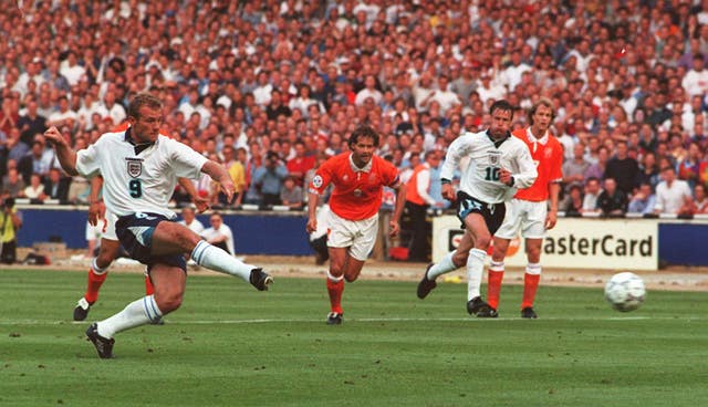 Alan Shearer scores against Holland at Euro 96