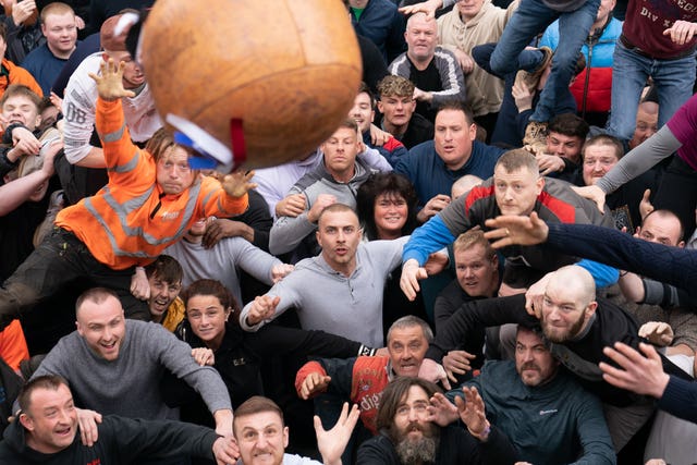 Players take part in the Atherstone Ball Game in Atherstone, Warwickshire