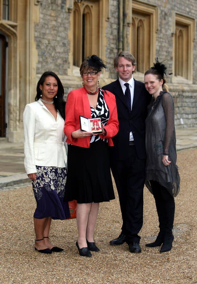 Cook, writer and broadcaster Prue Leith, with daughter Li-Da Kruger (left) and her son Danny Kruger and his wife Emma, after she become a Commander of the British Empire (CBE) from the Princess Royal during the investiture ceremony at Windsor Castle
