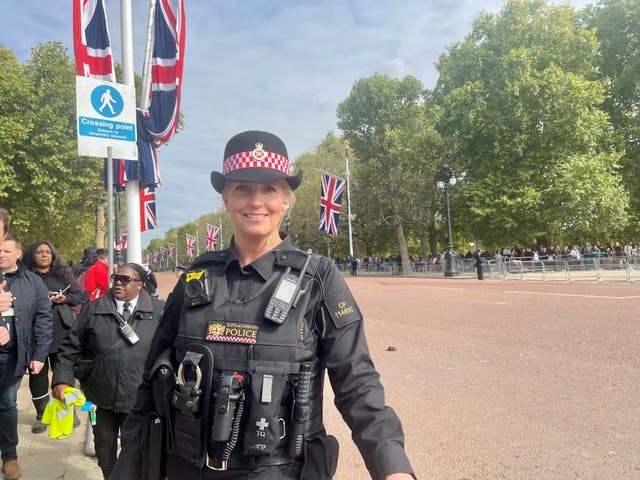 Penny Lancaster on the streets of central London as part of the force policing the Queen’s funeral procession