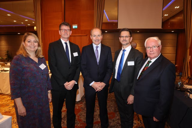 Left to right, Karen Bradley MP, British ambassador to Ireland Paul Johnston, Taoiseach Micheal Martin, Northern Ireland minister Steve Baker and Brendan Smith TD at the 62nd plenary of the British-Irish Parliamentary Assembly, Farnham Estate Spa and Golf Course in Co Cavan, Ireland