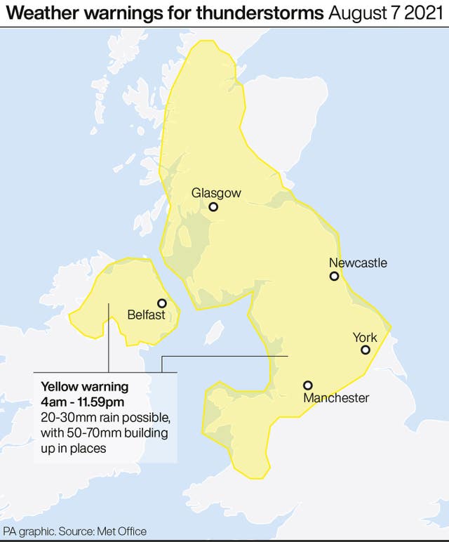 Weather warnings for thunderstorms August 7 2021