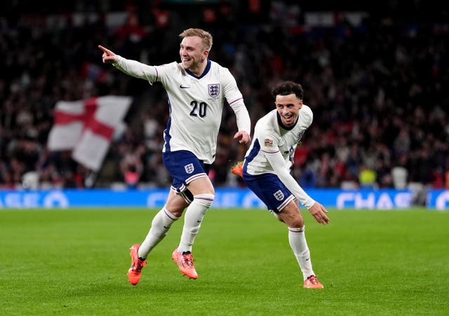 Jarrod Bowen points to an England team-mate as he celebrates scoring