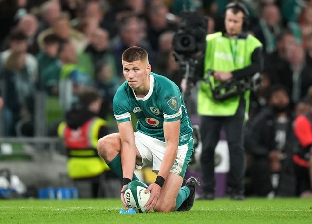 Ireland’s Sam Prendergast sets up a conversion attempt against Fiji