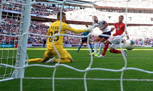 Harry Kane (centre right) scores the first of three goals in a 4-0 Euro 2020 qualifier victory over Bulgaria at Wembley in September 2019