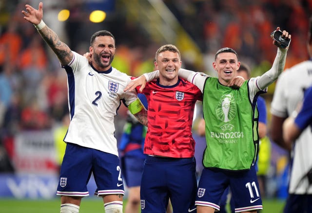 England’s Kyle Walker, Kieran Trippier and Phil Foden celebrate following the Euro 2024 semi-final win over the Netherlands