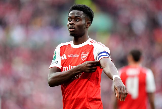 Bukayo Saka in action during the Carabao Cup final at Wembley last month