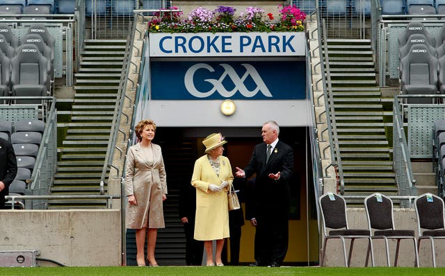 The Queen with Mary McAleese and GAA president Christy Cooney at Croke Park, Dublin, in 2011