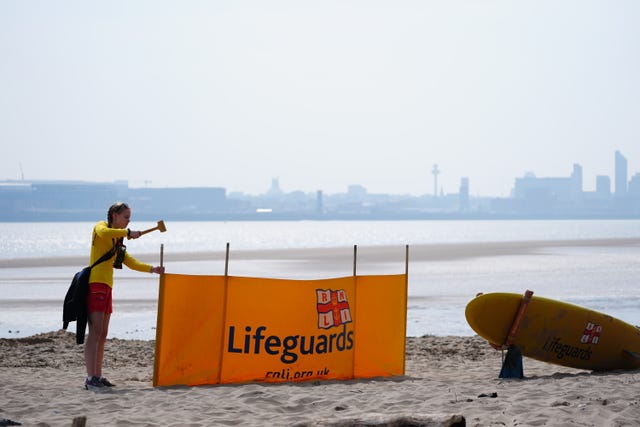 Lifeguards set up on New Brighton Beach on the Wirral on Sunday