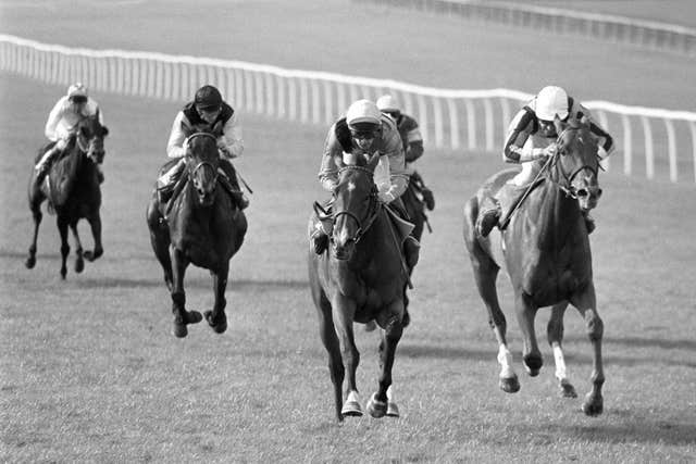 Time Charter (centre), fends off Irish challenger Stanerra and Walter Swinburn (right, in the 1982 Sun Chariot Stakes at Newmarket