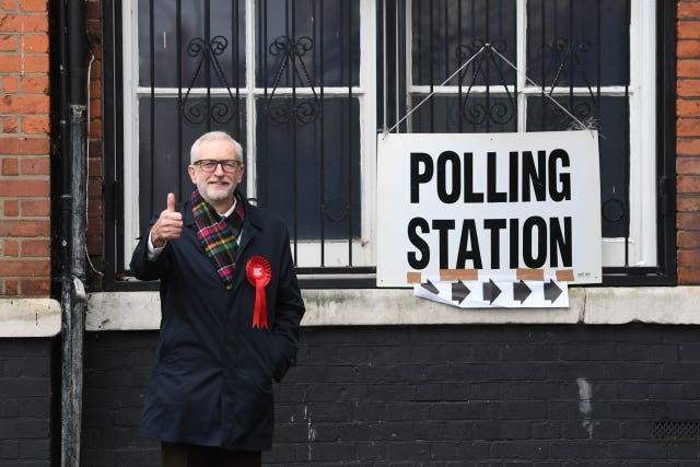 Jeremy Corbyn gives a thumbs up after casting his vote in the 2019 general election