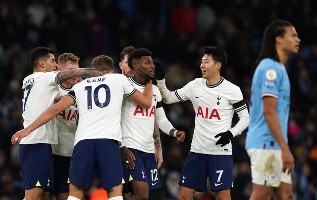 Tottenham celebrate their second goal against Manchester City
