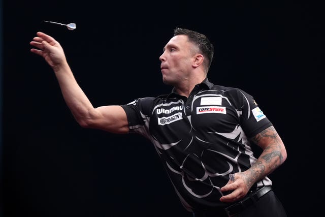 Gerwyn Price in action at the 2025 Winmau World Masters in Milton Keynes