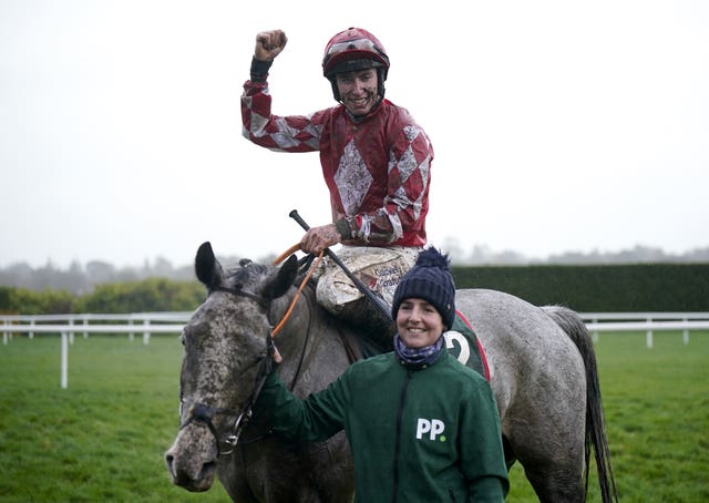 Jack Kennedy celebrates winning The Paddy Power Future Champions Novice Hurdle on Caldwell Potter 