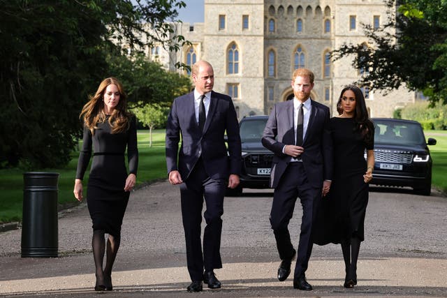 The Prince and Princess of Wales and the Duke and Duchess of Sussex arriving to view the messages and floral tributes left by members of the public at Windsor Castle in Berkshire following the death of Queen Elizabeth II in September 2022