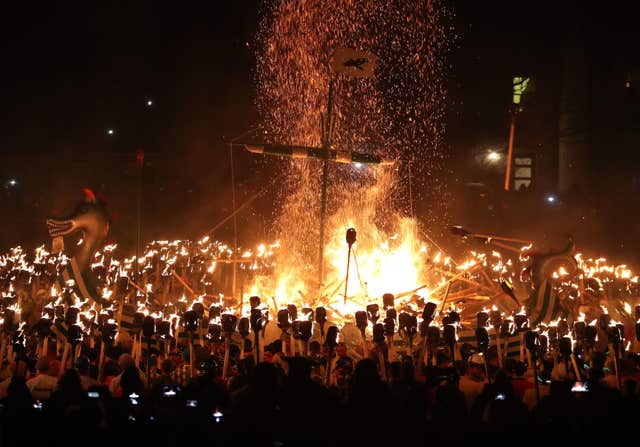 The Galley is set on fire on Shetland Isles during the Up Helly Aa Viking festival