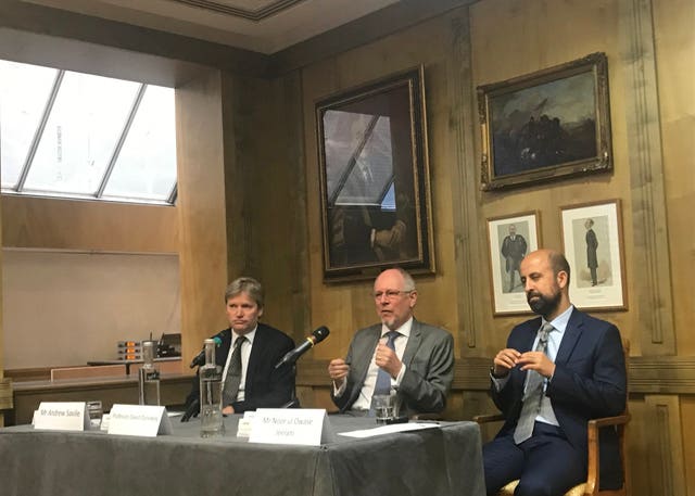 Professor David Dunaway (centre) and paediatric neurosurgeon Noor ul Owase Jeelani (right) speak during the Gemini Untwined charity launch 