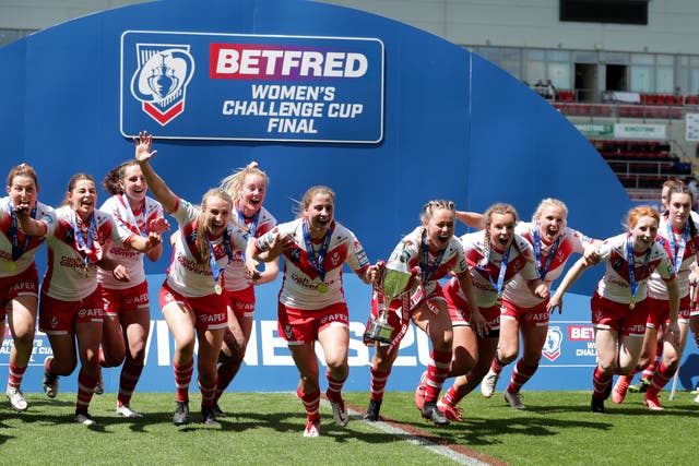 St Helens celebrate after winning the Women's Challenge Cup final by a 34-6 score over York City Knights