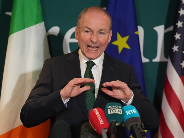 Taoiseach Micheal Martin speaks to the media at the Willard Intercontinental Hotel in Washington DC during his visit to the US for St Patrick’s Day
