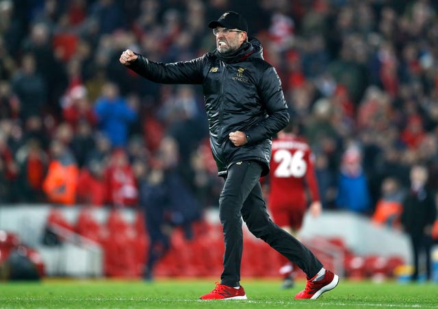 Jurgen Klopp celebrates after a home victory over Crystal Palace