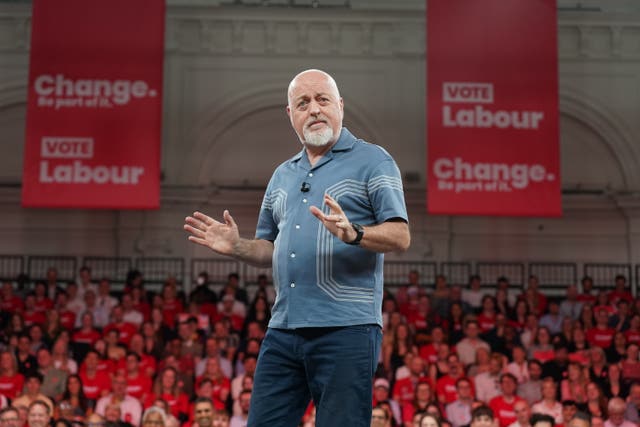 Musician and comedian Bill Bailey speaks to the crowd at the Labour campaign event