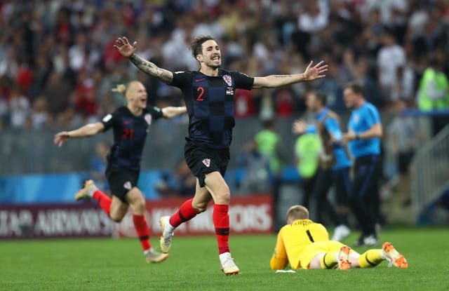 Croatia's Sime Vrsaljko celebrates Croatia's victory over England in the 2018 World Cup semi-final