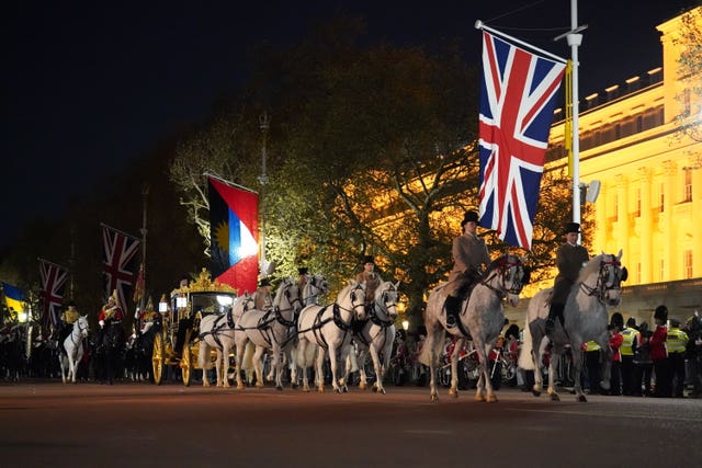 A night time rehearsal in central London for the coronation of King Charles III, which will take place this weekend.