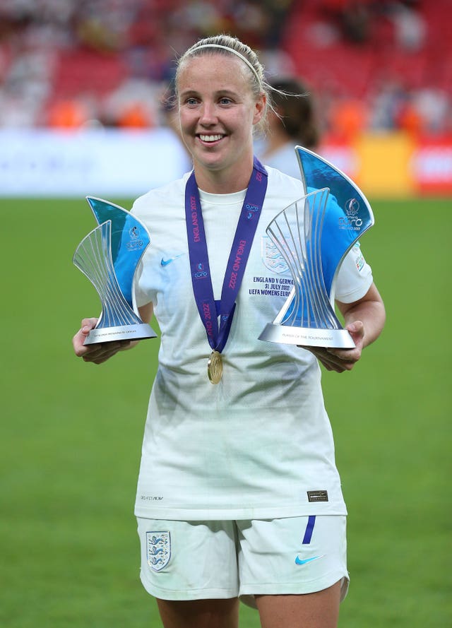 Beth Mead with her individual awards after England's Euro 2022 final win over Germany