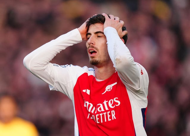 Arsenal’s Kai Havertz reacts after a missed chance during a Premier League match at Molineux