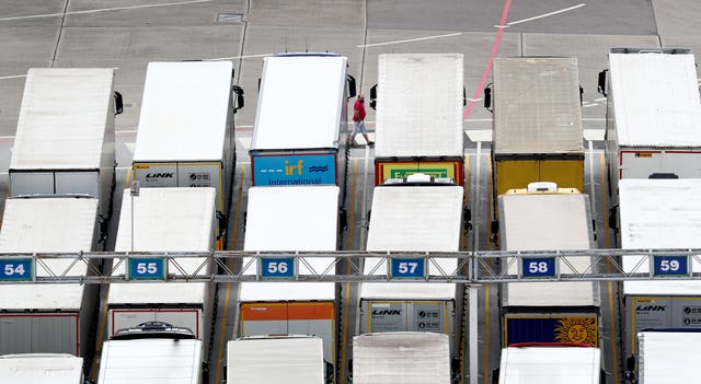 Lorries wait to cross the Channel at the Port of Dover in Kent