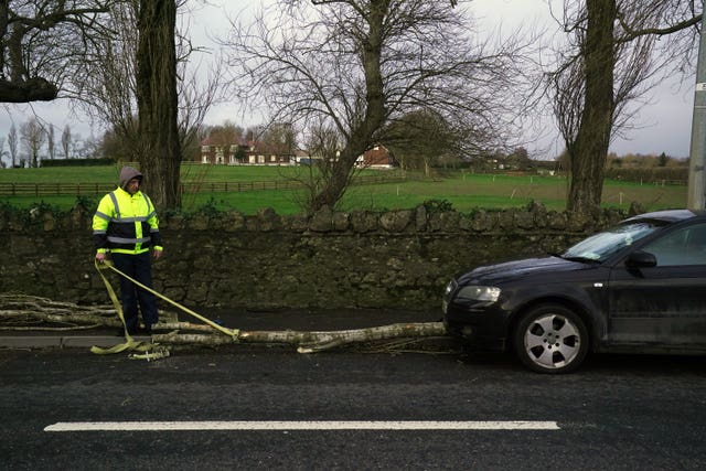 A man attends to a fallen tree on Malahide Road in Dublin. 