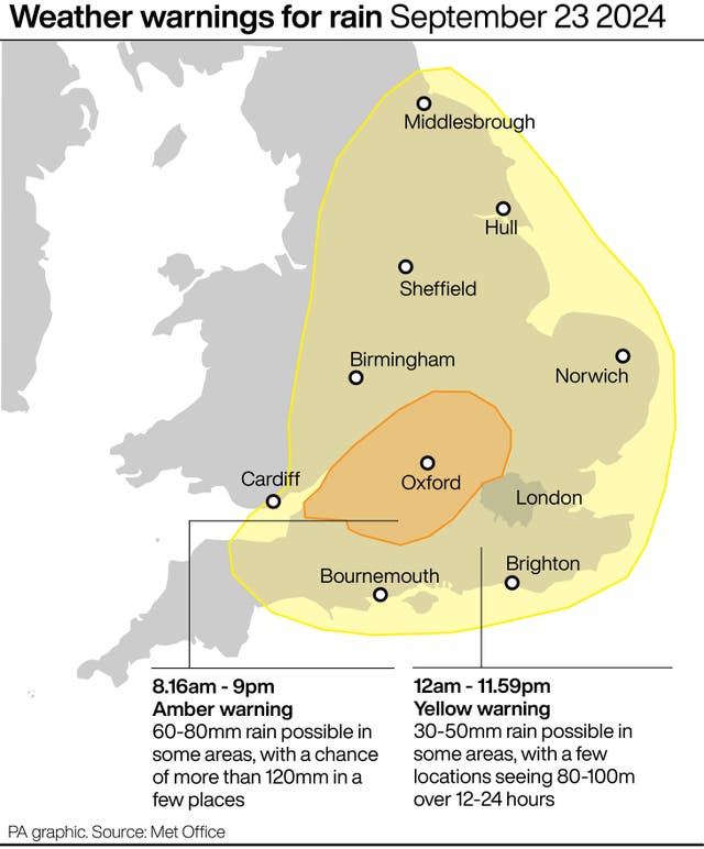 PA graphic showing weather warnings for rain on September 23, comprising a yellow warning from 12am to 11.59pm from Middlesbrough in the north to Bournemouth in the south, and an amber warning from 8.16am to 9pm centred on Oxford 