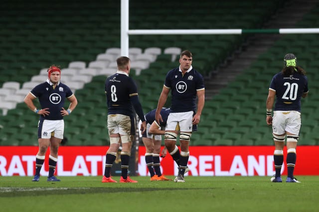 Scotland players react after the final whistle during the Autumn Nations Cup match against Ireland