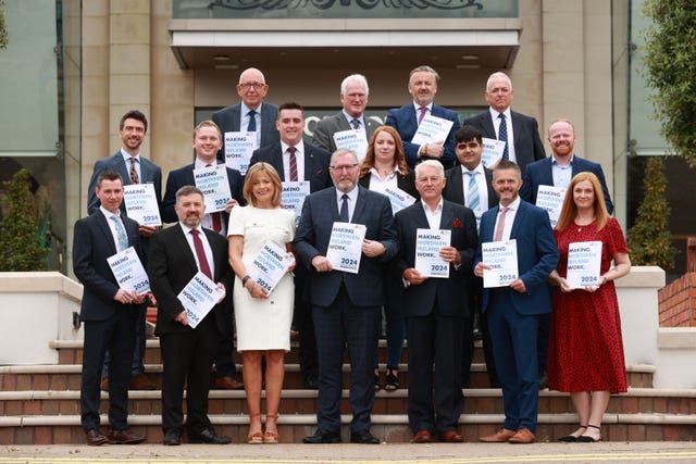 Doug Beattie (front centre), leader of the Ulster Unionist Party (UUP) stands with party candidates following the party’s manifesto launch in Belfast