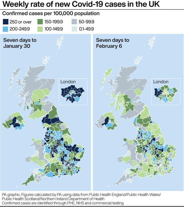 Weekly rate of new Covid-19 cases in the UK