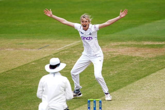 Lauren Bell appeals during her Test debut against South Africa.