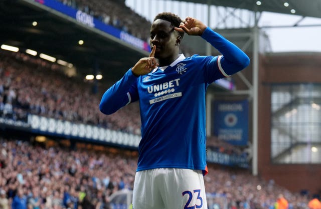 Djeidi Gassama celebrates scoring Rangers' second goal against Panathinaikos