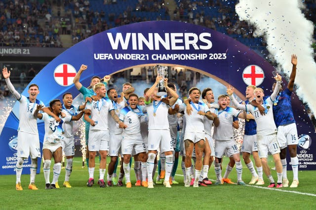 England players celebrate with the trophy following the Euro Under-21 Championship final in Georgia