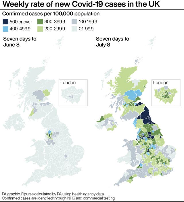 Weekly rate of new Covid-19 cases in the UK