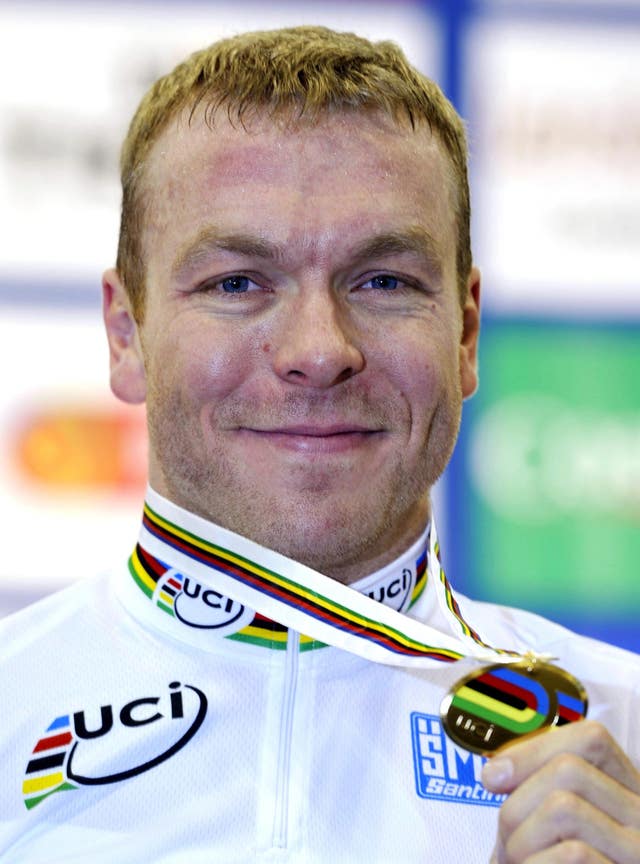 Hoy shows off his 10th world championship gold after victory in the keirin at the Ballerup Super Arena in Copenhagen 